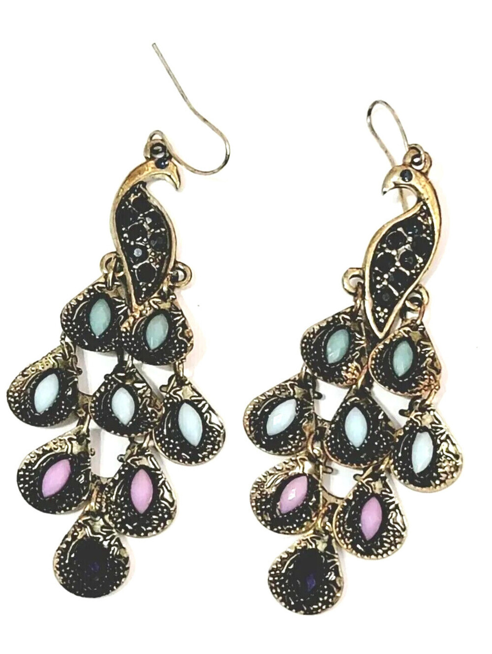 Peacock Bird Dangle Pierced Earrings Blue Purple‎ Black Bronze-Tone 3.25” bp-53